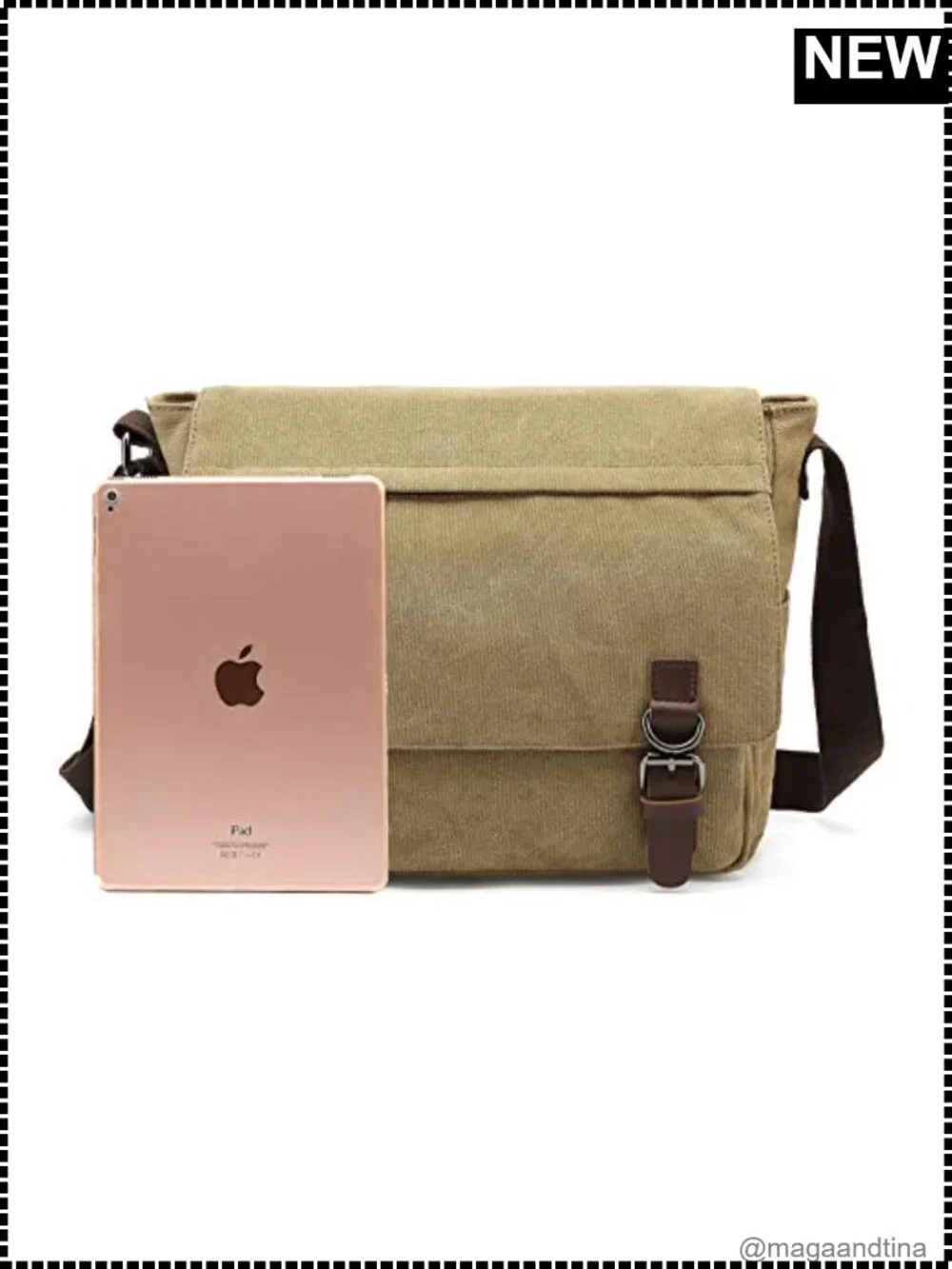 Sechunk Washed Canvas Faux Leather Messenger Crossbody Bag Fits 13.3